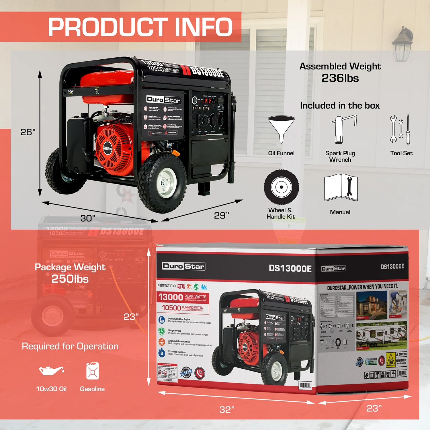DuroStar DS13000E 13,000 Watt Gasoline Portable Generator Product Information