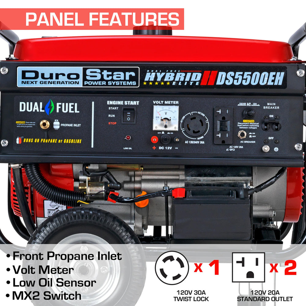 DuroStar DS5500EH Dual Fuel Portable Generator Panel Features