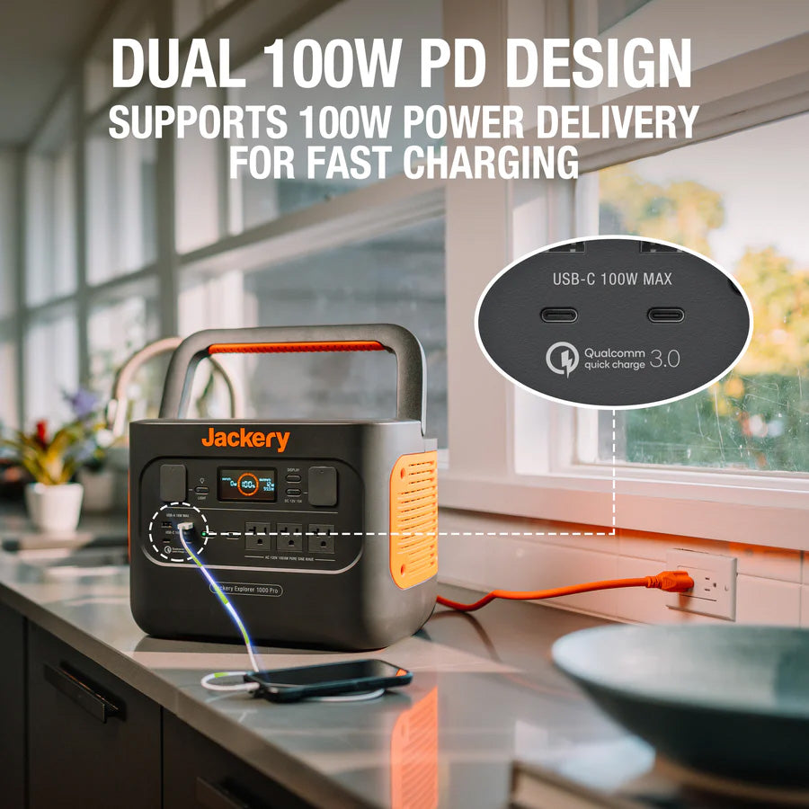 Jackery Solar Generator 1000 Pro - Dual 100W PD Design - Supports 100W Power Delivery For Fast Charging