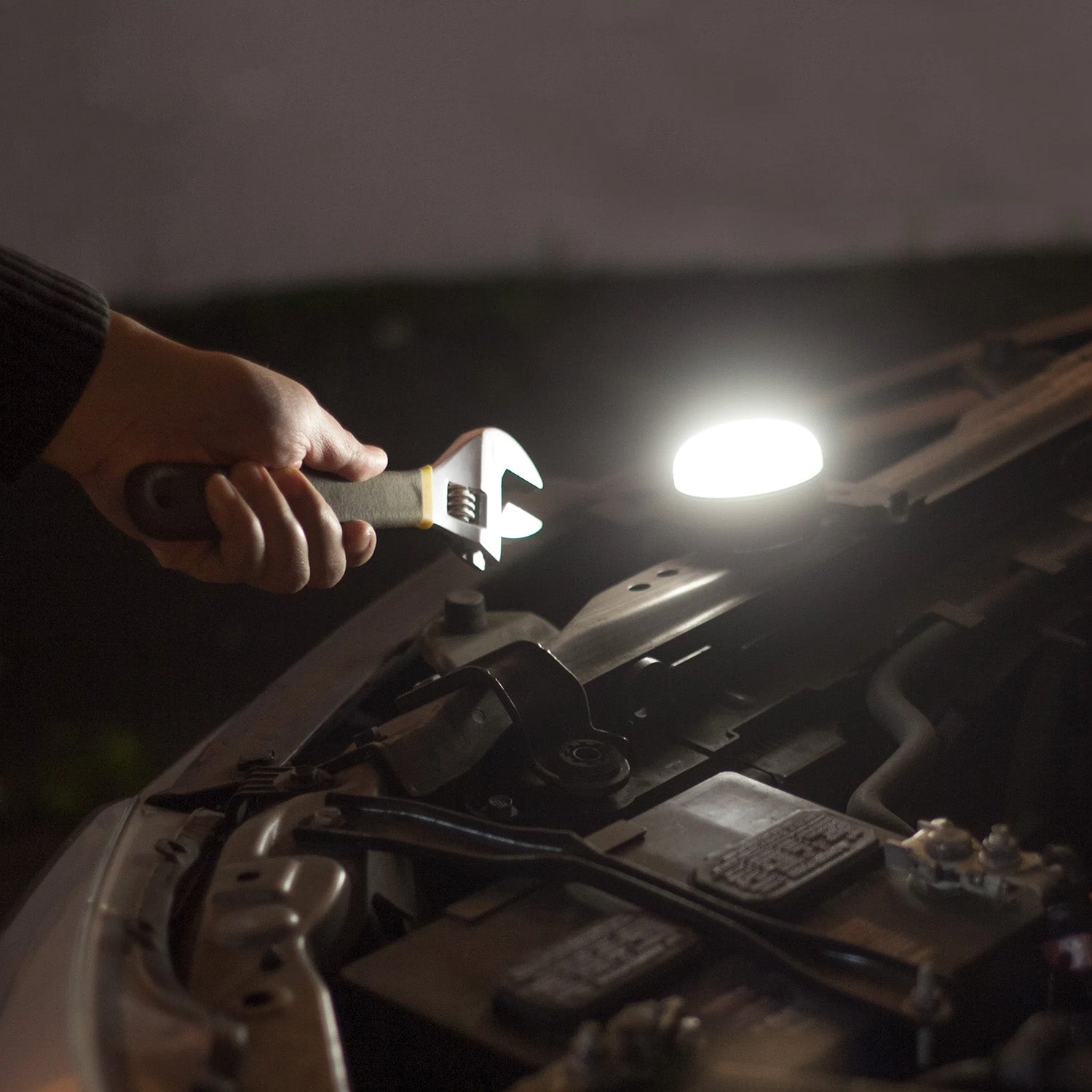 Wagan Brite-Nite Dome Lantern Under a Car Hood