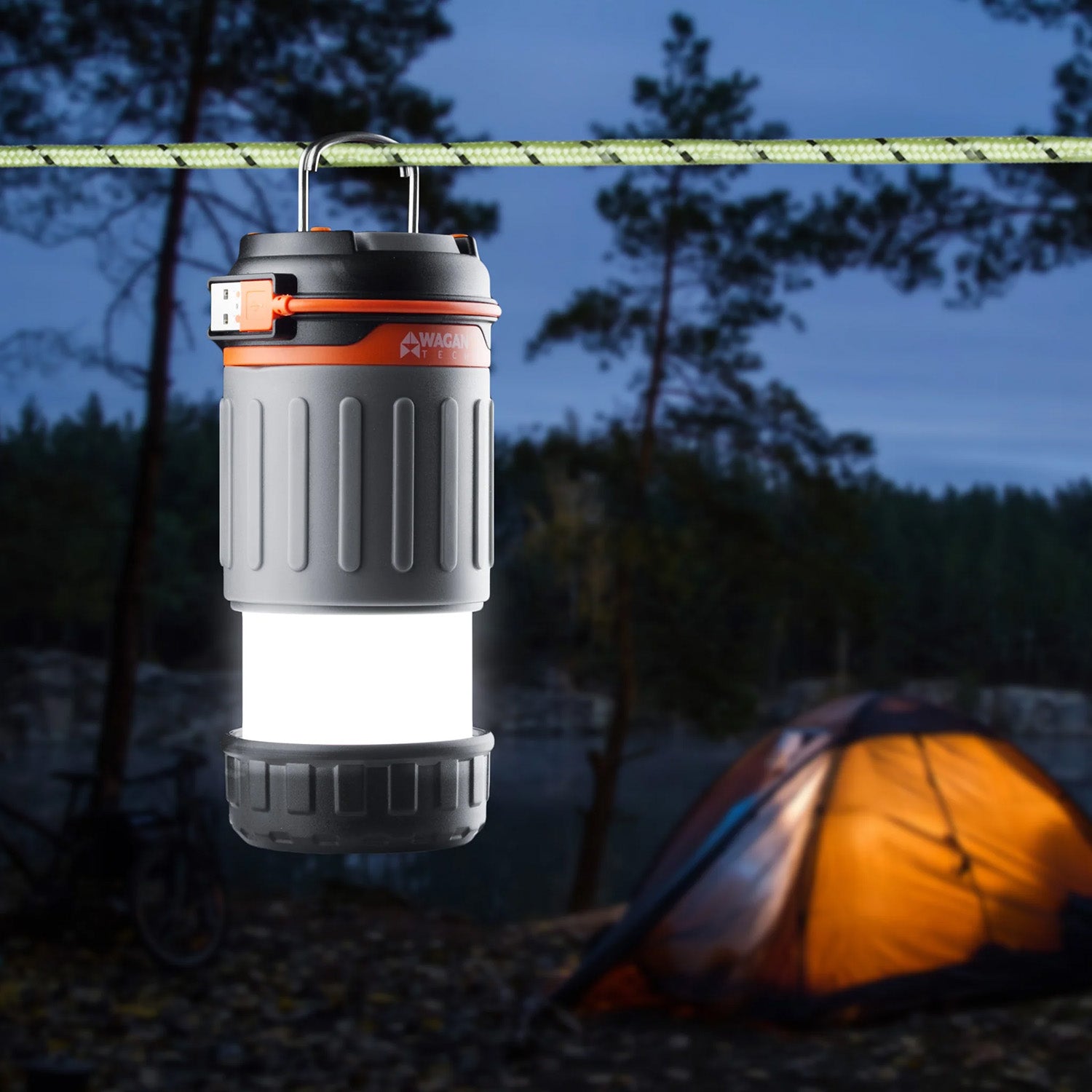 Wagan Brite-Nite Pop-Up USB Lantern Hanging From a Line
